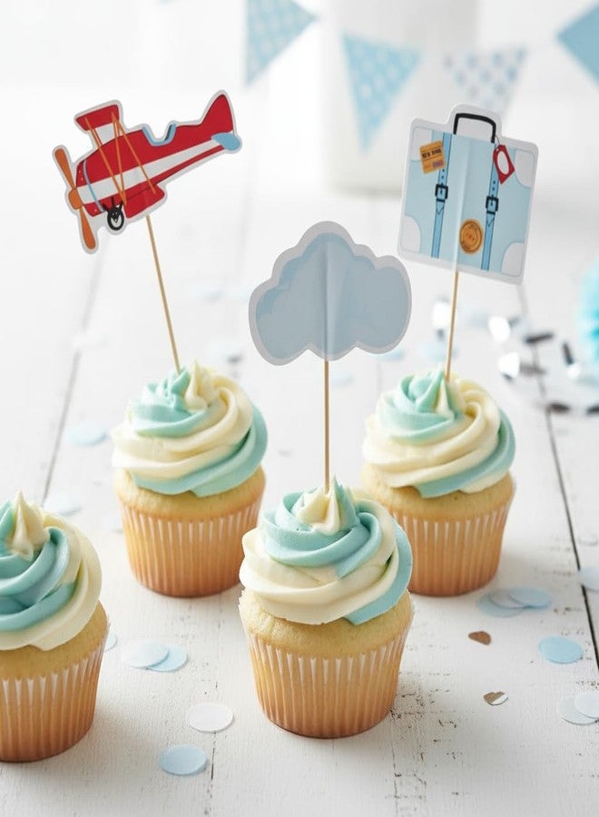 Pooka Airplane Cupcake Toppers (Set of 12) - Airplane Party Decorations for Kids | Transportation Birthday Supplies | Airplane Picks for Cupcakes, Treats & Cakes - Image 1